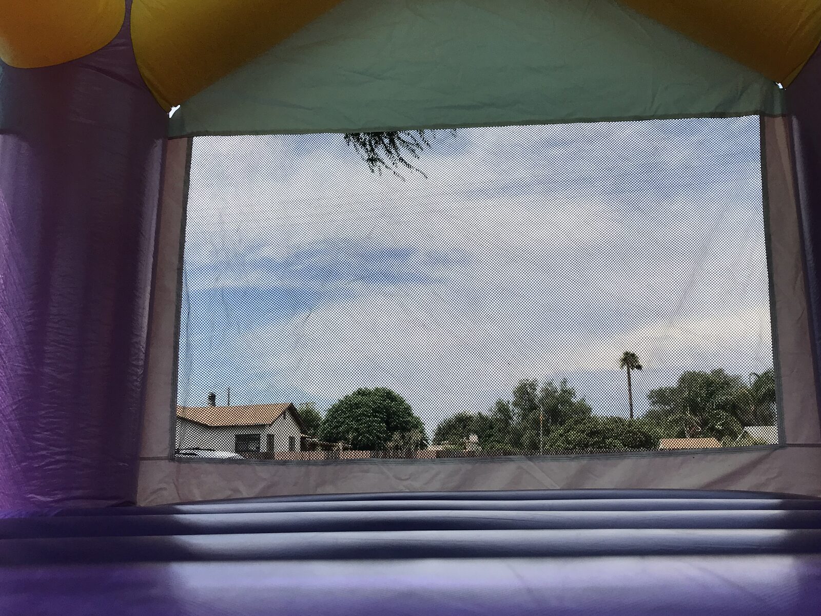 13x13 Dazzling Castle bounce house rental in San Diego — inside view of the purple jumping floor and large mesh safety window
