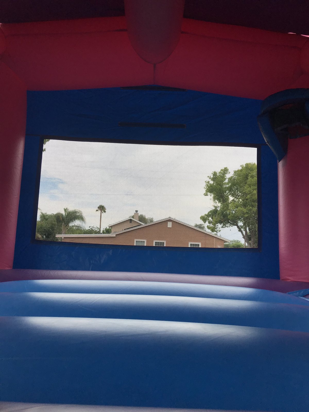 13x13 Pink Castle Banner bounce house rental in San Diego — interior view looking out the large mesh window from the jumping area