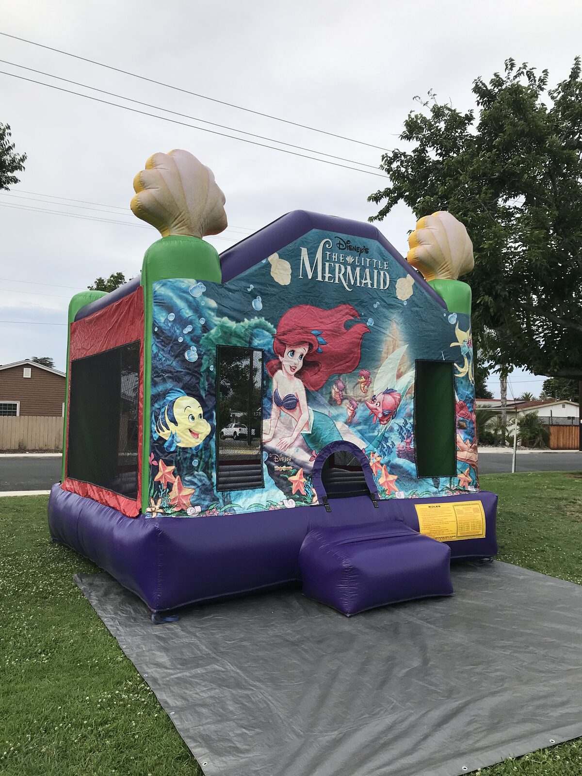 13x13 Ariel bounce house rental in San Diego — angled front view on a grass lawn over a protective tarp with purple base and entry ramp