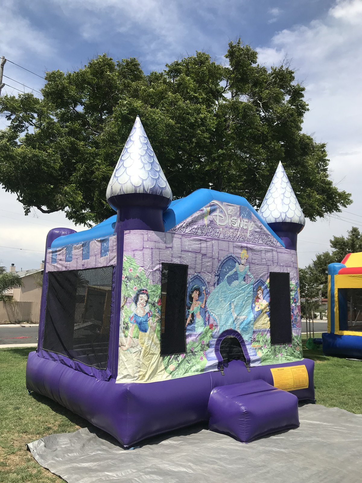 13x13 Disney Princess bounce house rental in San Diego — angled side view showing the large mesh safety windows and purple base
