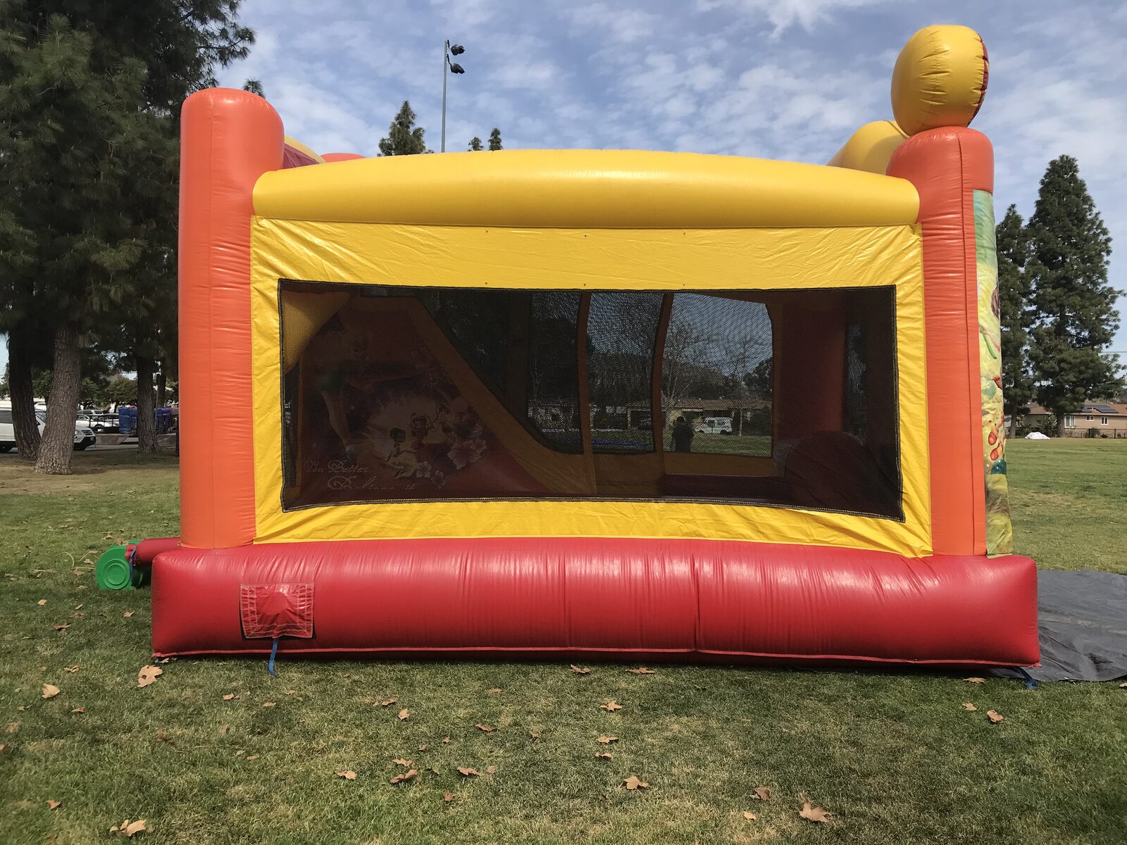 4n1 fairies combo bounce house rental in San Diego, long side view with a full-length mesh window looking in on the slide and jump floor