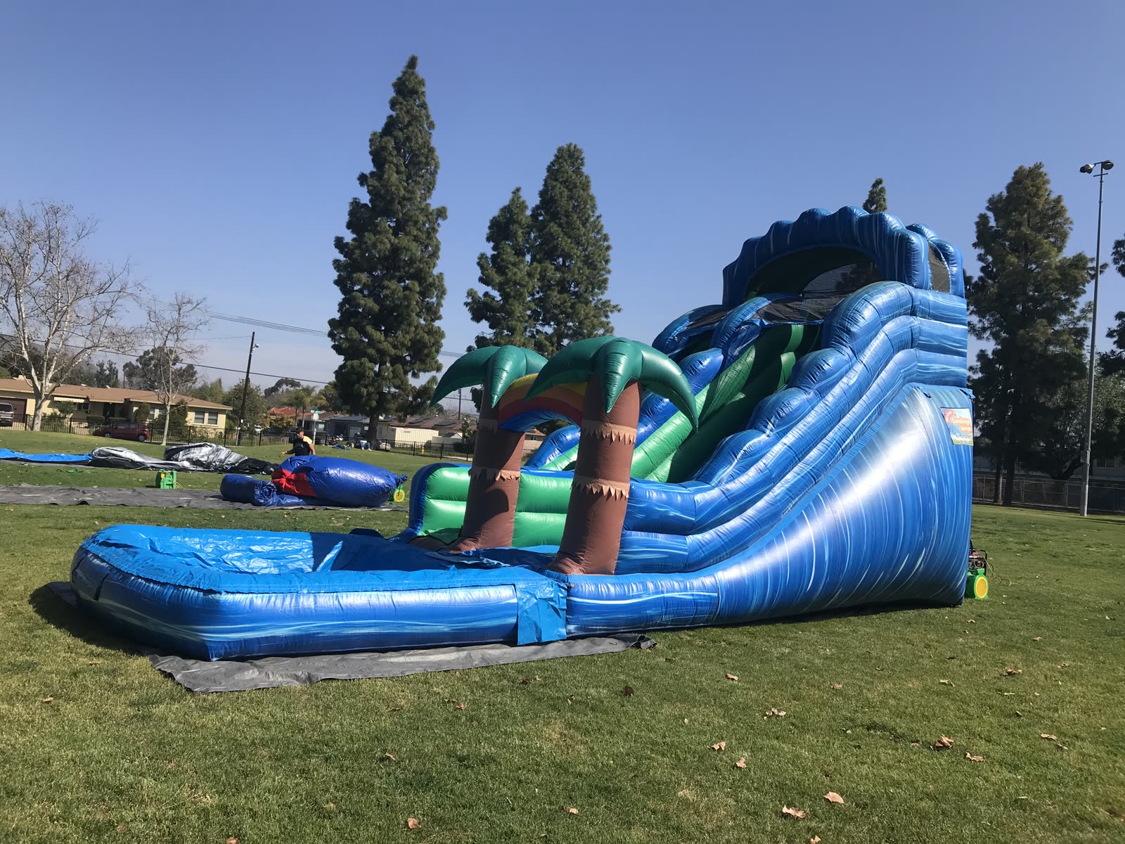 Water slide rental in San Diego, 18ft palm tree setup side profile on grass showing the full slide length