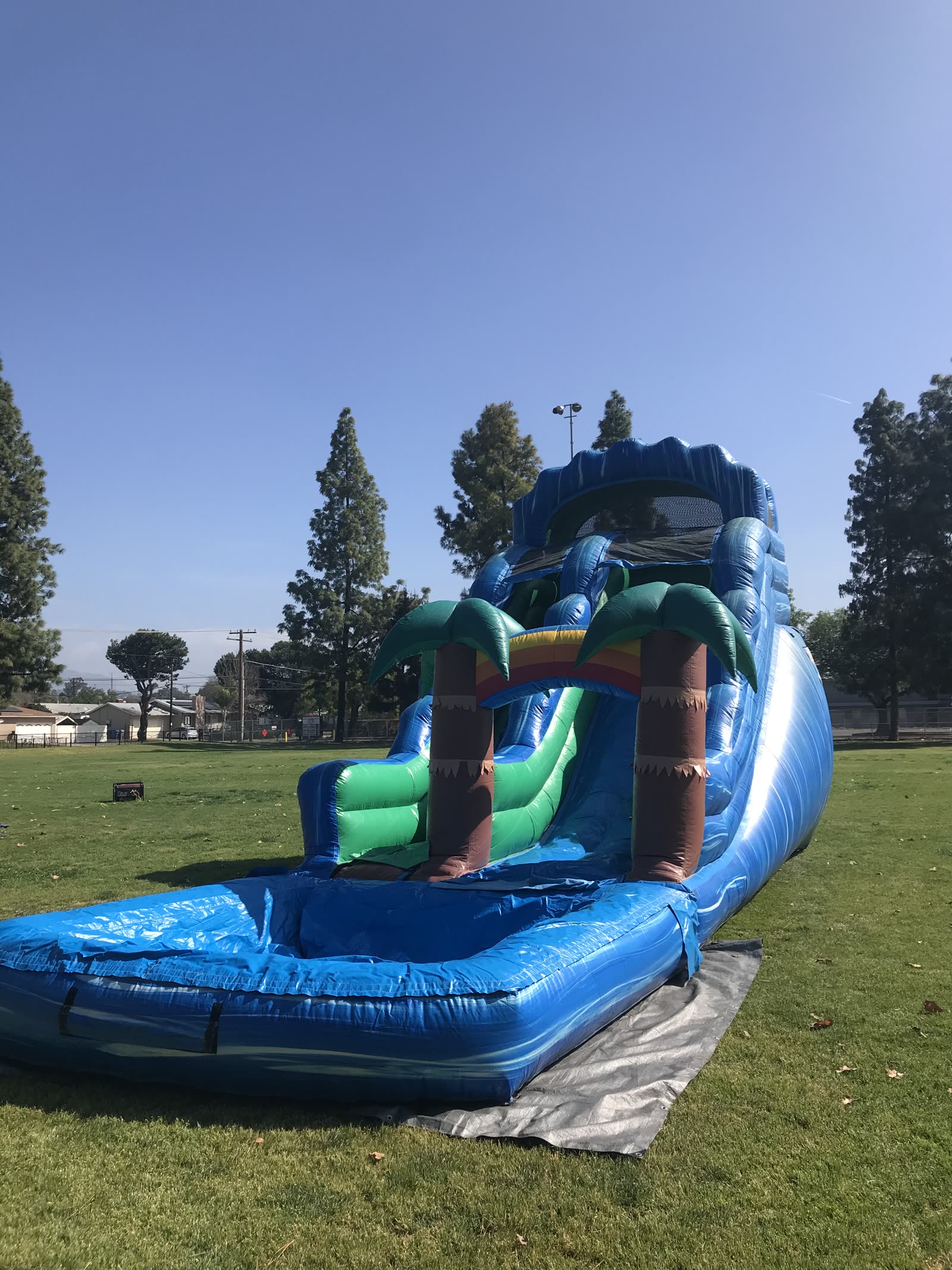 Water slide rental in San Diego, 18ft palm tree setup close view of the splash pool and palm tree columns