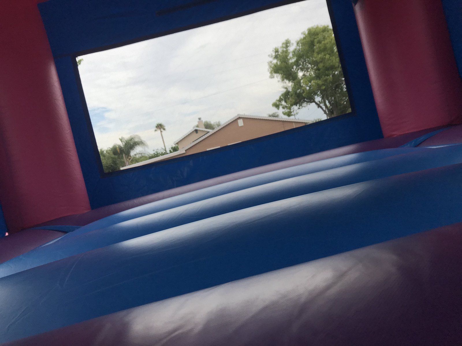 13x13 Pink Castle Banner bounce house rental in San Diego — inside view of the padded jumping floor and mesh safety window