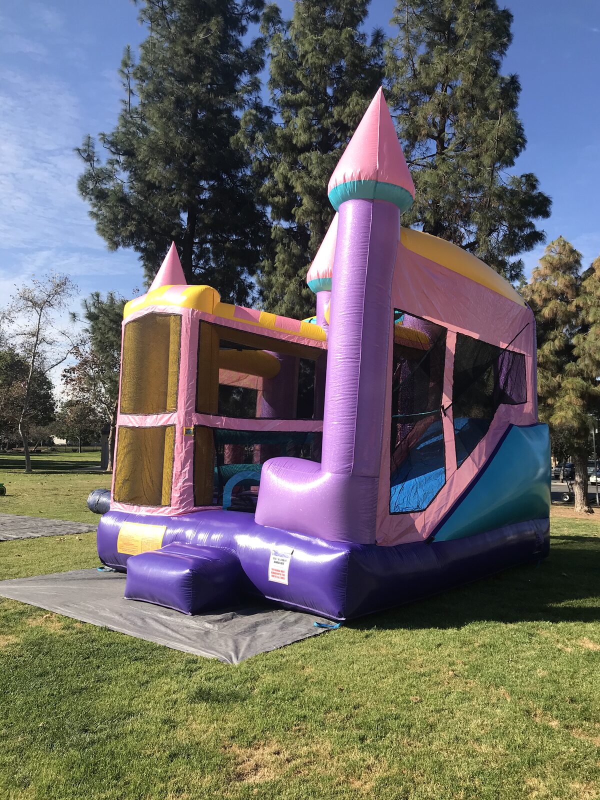 5n1 dazzling castle combo bounce house rental in San Diego, side view showing the teal slide panel and tall pink turret