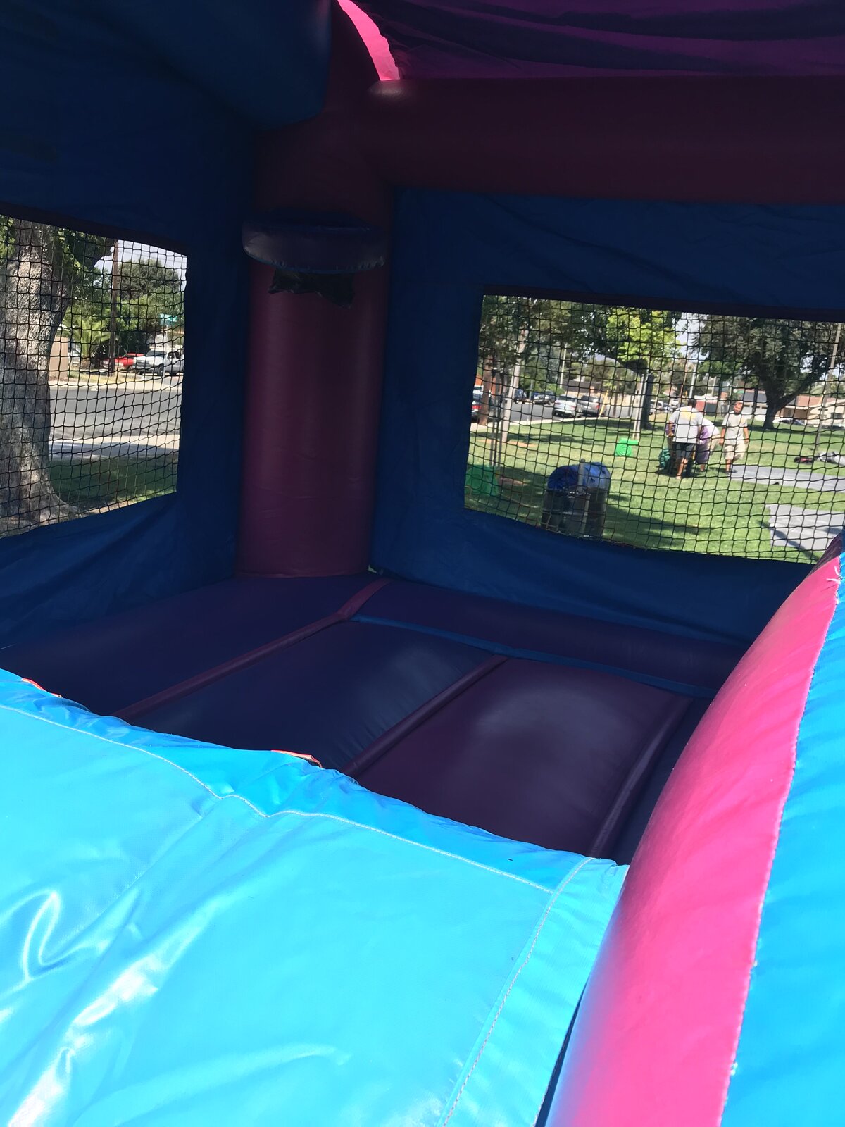 2n1 pink castle banner combo bounce house rental in San Diego, interior view of the purple jump floor and slide entry with park view through the mesh