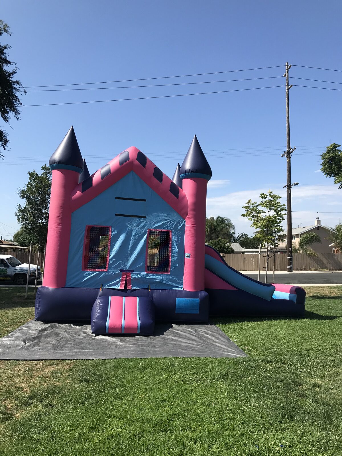 2n1 pink princess combo bounce house rental in San Diego, wide park view showing the castle and full side slide