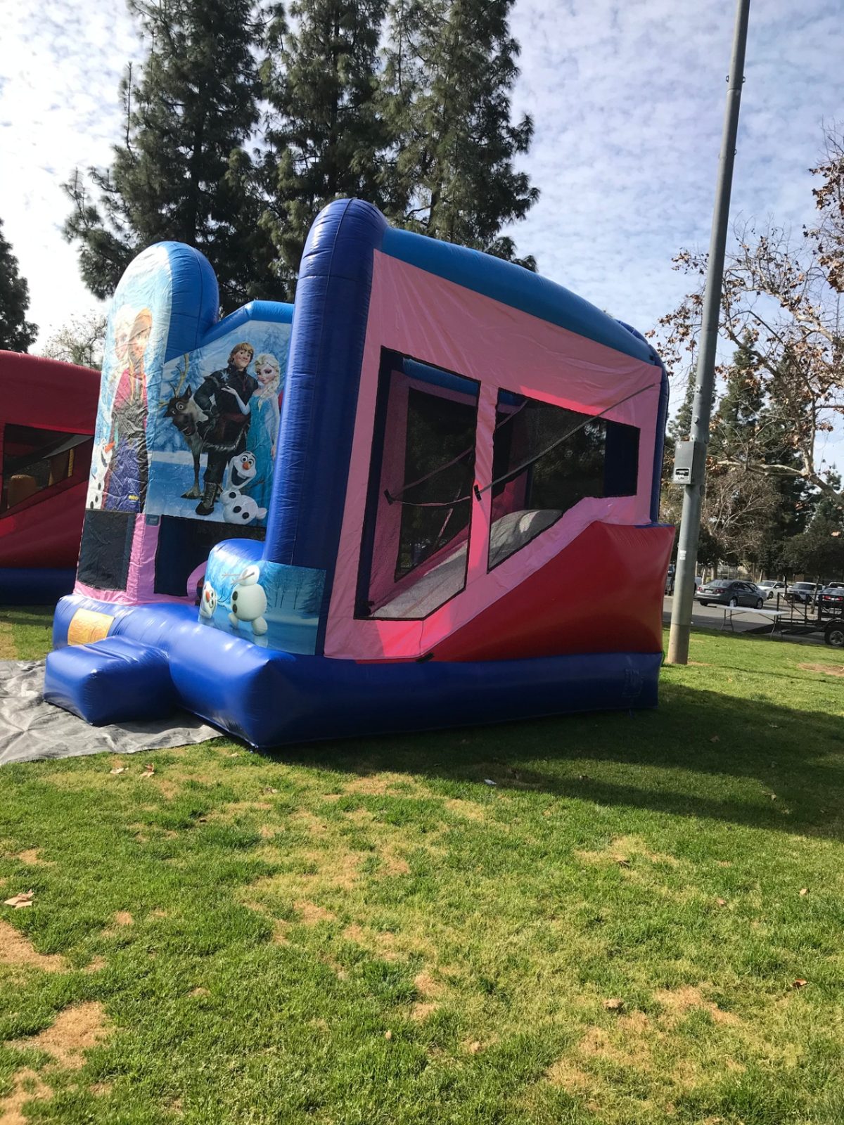 5n1 frozen combo bounce house rental in San Diego, side view of the pink mesh slide enclosure and red slide wall