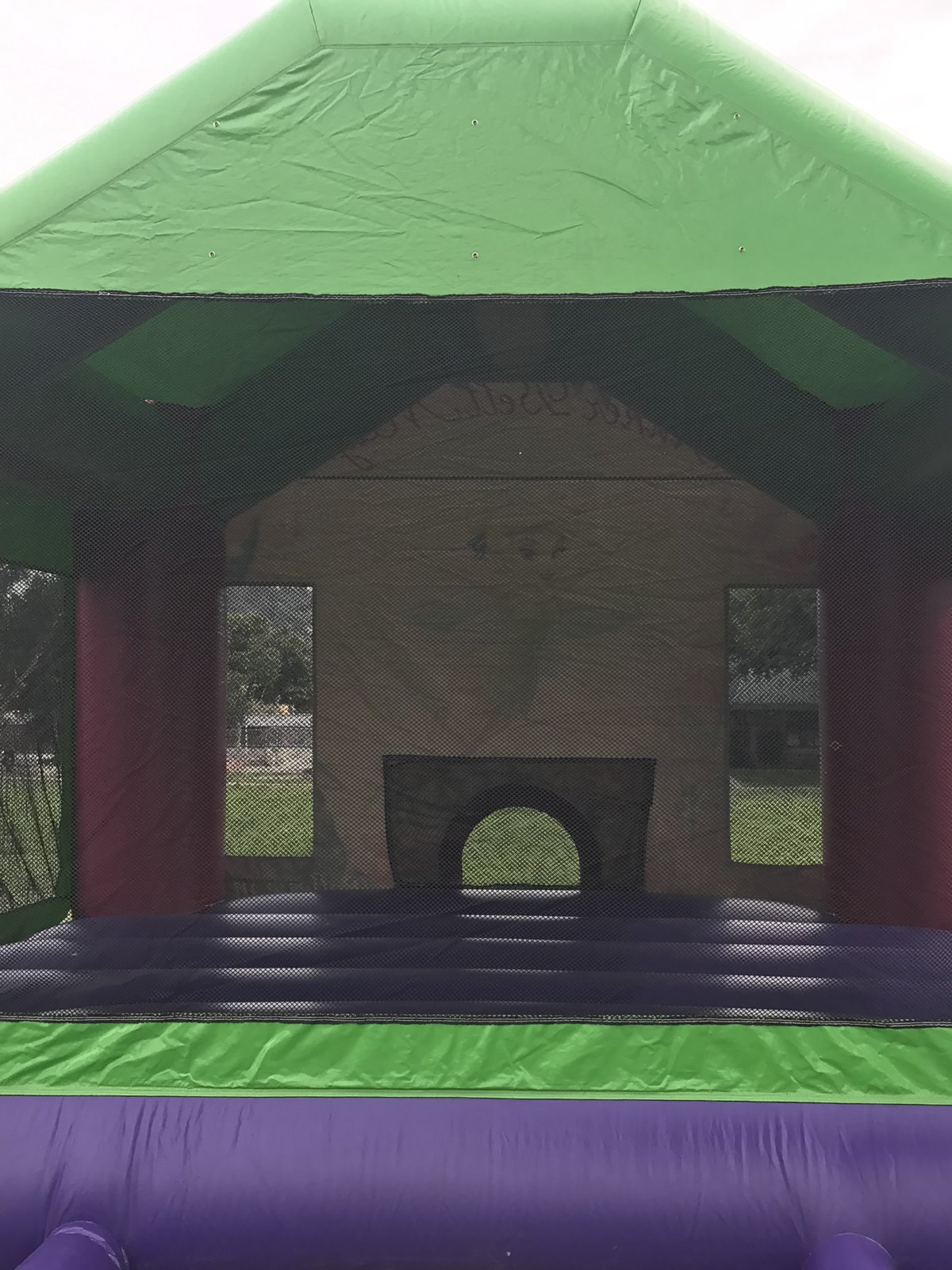 13x13 Tinkerbell bounce house rental in San Diego — inside view of the jumping floor, basketball hoop, and mesh safety netting