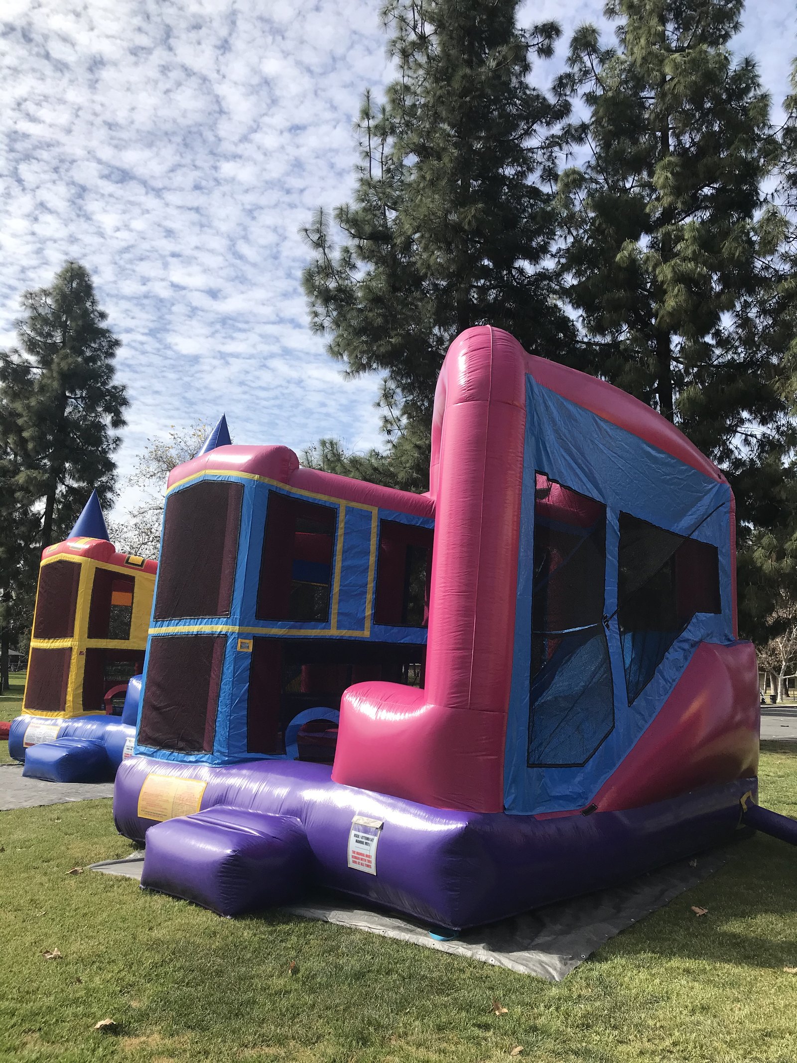 5n1 pink banner combo bounce house rental in San Diego, rear three-quarter view of the pink and purple unit staked on a tarp at a park