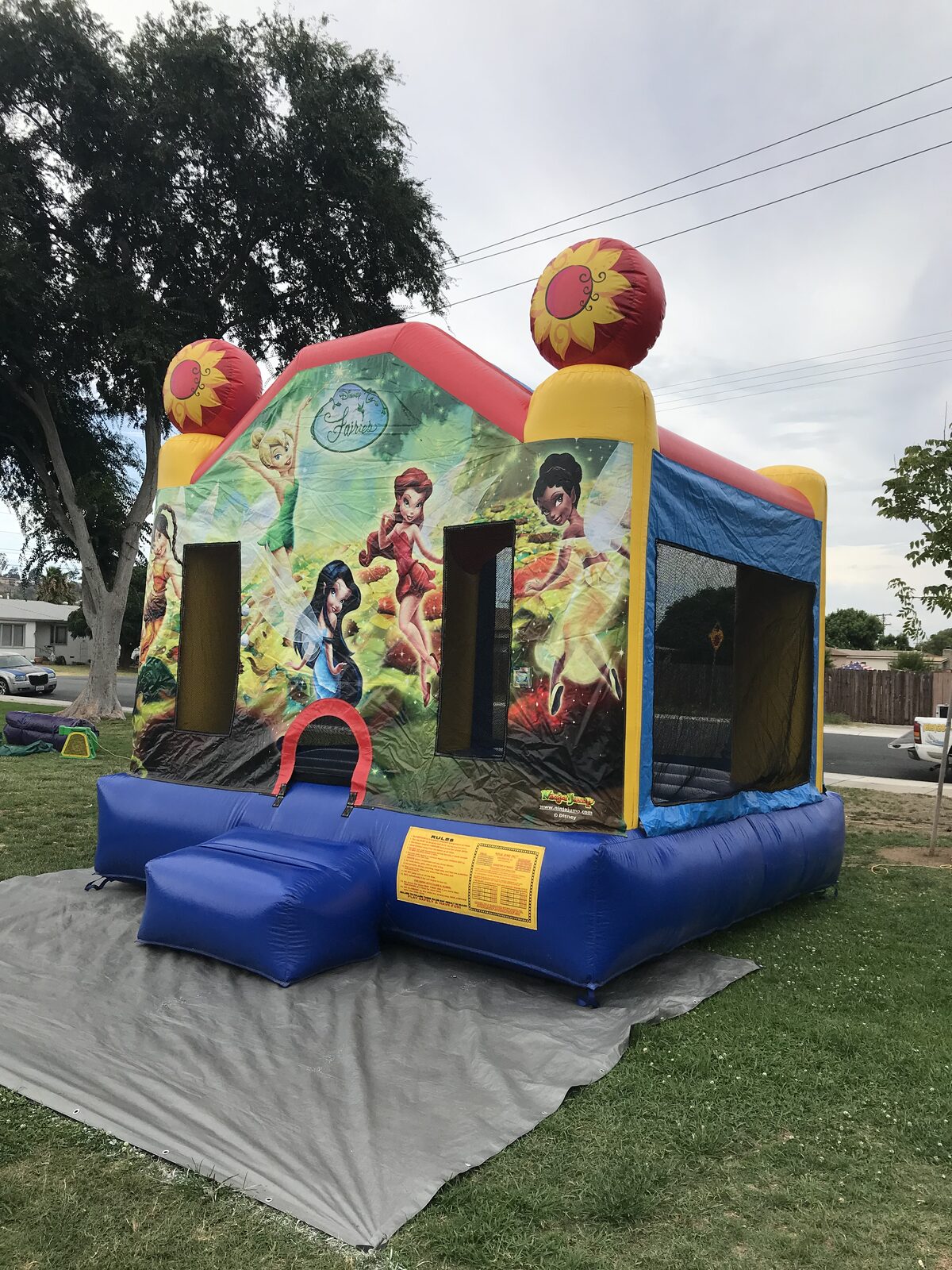 13x13 Disney's Fairies bounce house rental in San Diego — angled view on a front lawn with sunflower-topped corner posts