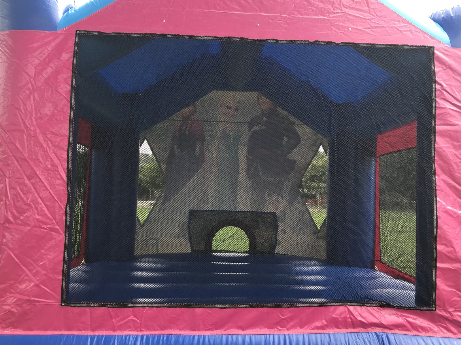 13x13 Frozen bounce house rental in San Diego — close-up of the mesh safety netting looking into the jumping floor and basketball hoop