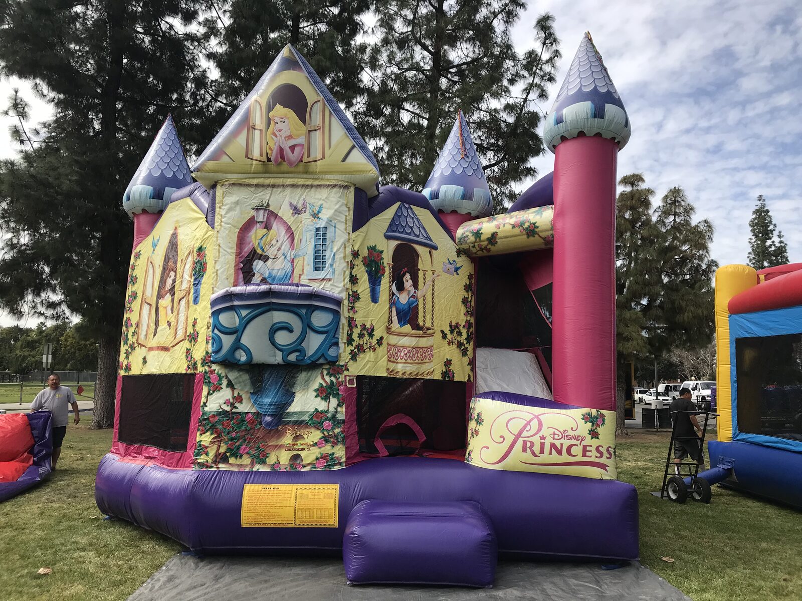 5n1 princess 3D combo bounce house rental in San Diego, angled view of the entry step and slide tower