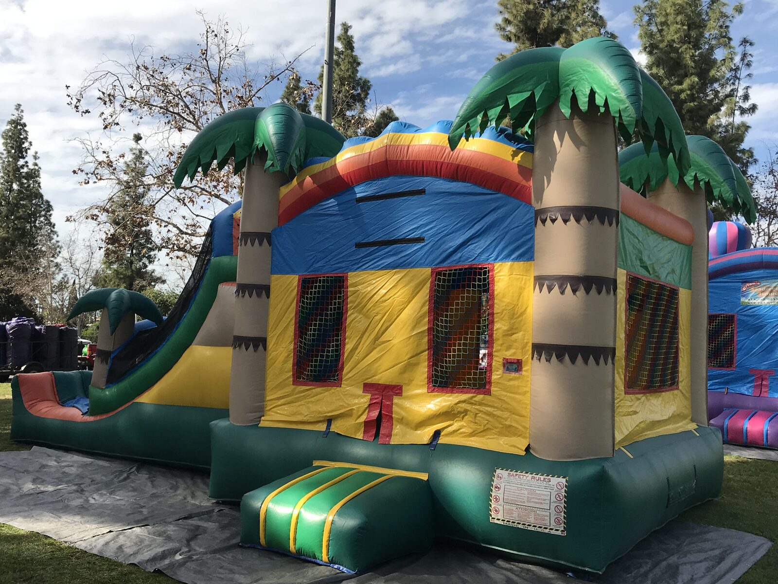 4n1 palm tree combo bounce house rental in San Diego, single slide version, view of the slide run and landing area
