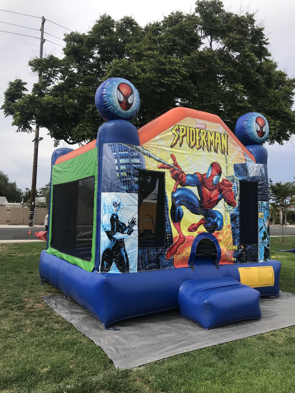 13x13 Original Spider-Man bounce house rental in San Diego — side-angled park setup showing the green mesh safety windows and villain artwork panels