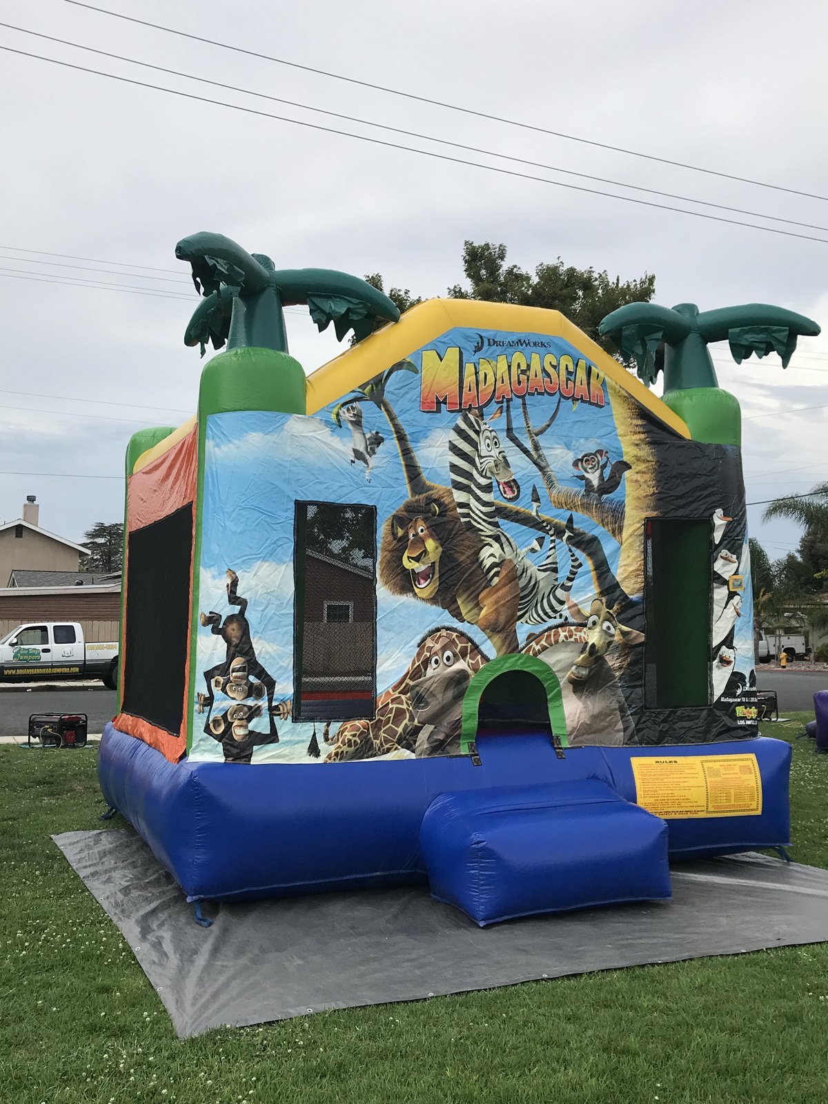 13x13 Madagascar bounce house rental in San Diego — angled front setup on grass over a protective tarp showing the entry ramp and rules panel