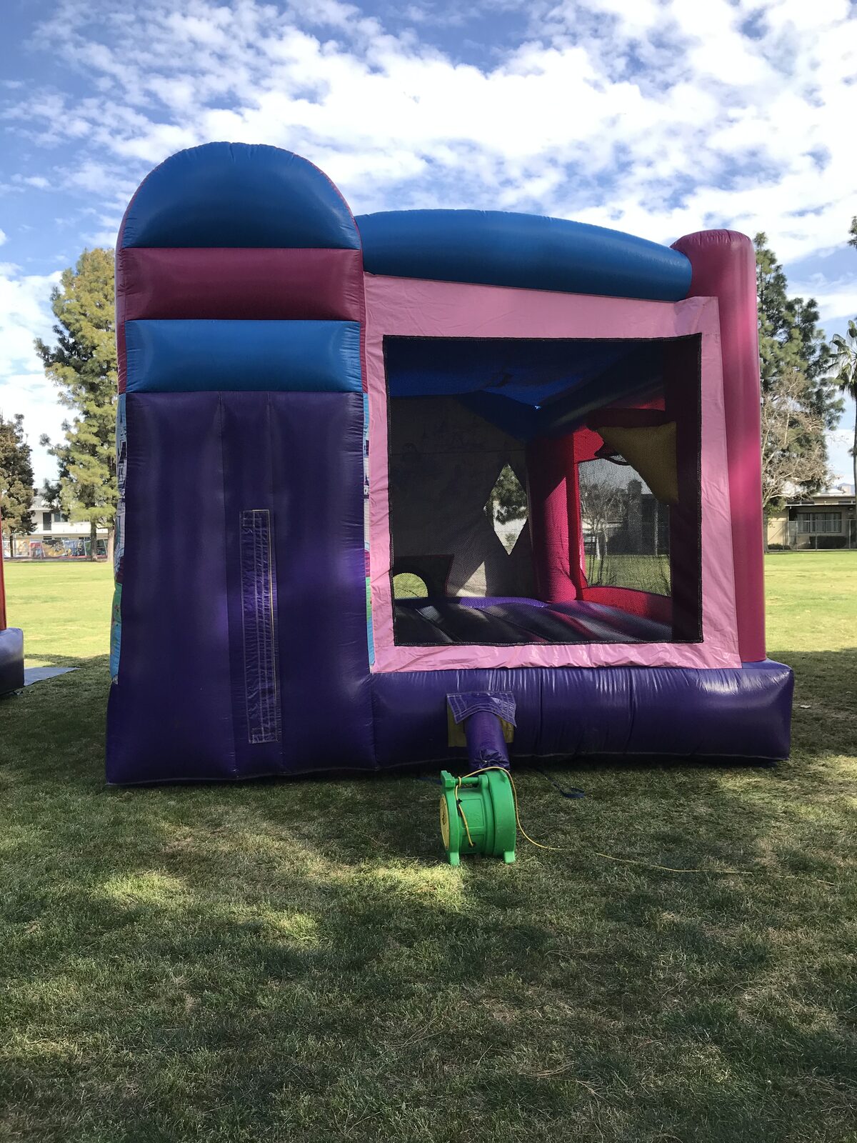 4n1 princess combo bounce house rental in San Diego, side view of the purple and pink unit showing the mesh jump-area window and blower set up on park grass