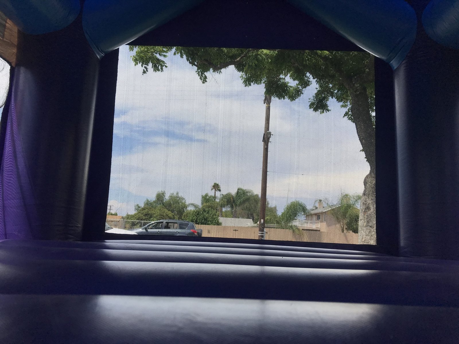 13x13 Disney Princess bounce house rental in San Diego — inside view of the purple jumping floor looking out the large mesh window