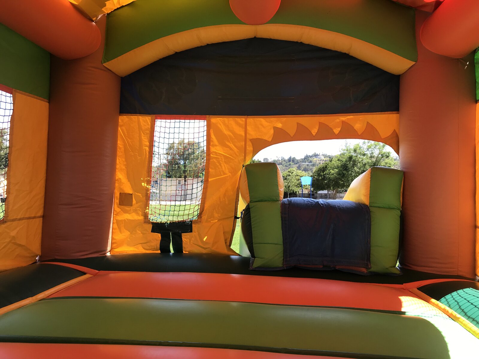 2n1 palm tree combo bounce house rental in San Diego, view from inside the jump area looking out toward the slide entry and basketball hoop