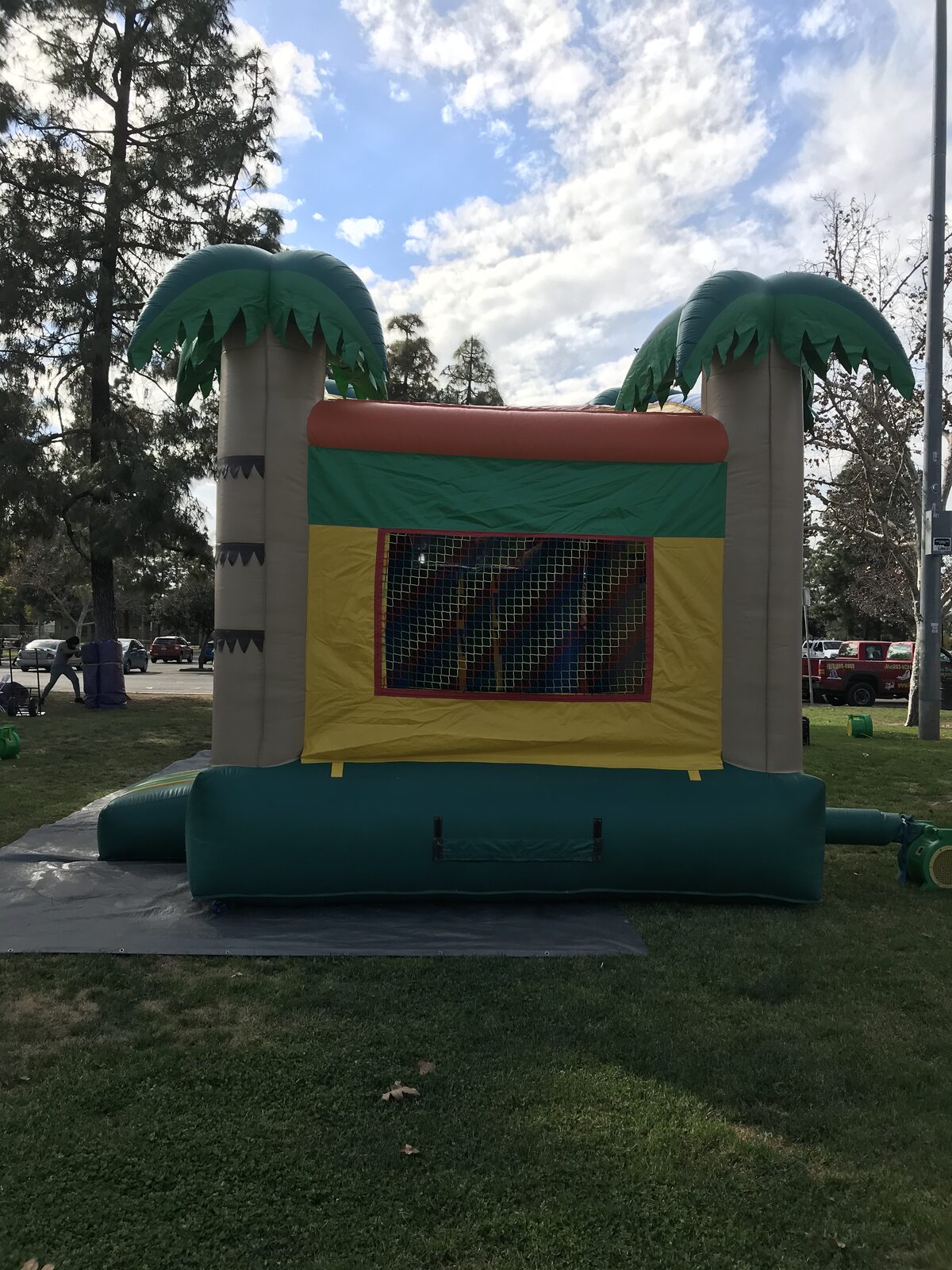 4n1 palm tree combo bounce house rental in San Diego, single slide version, side view showing the palm tree column and mesh jump-area window