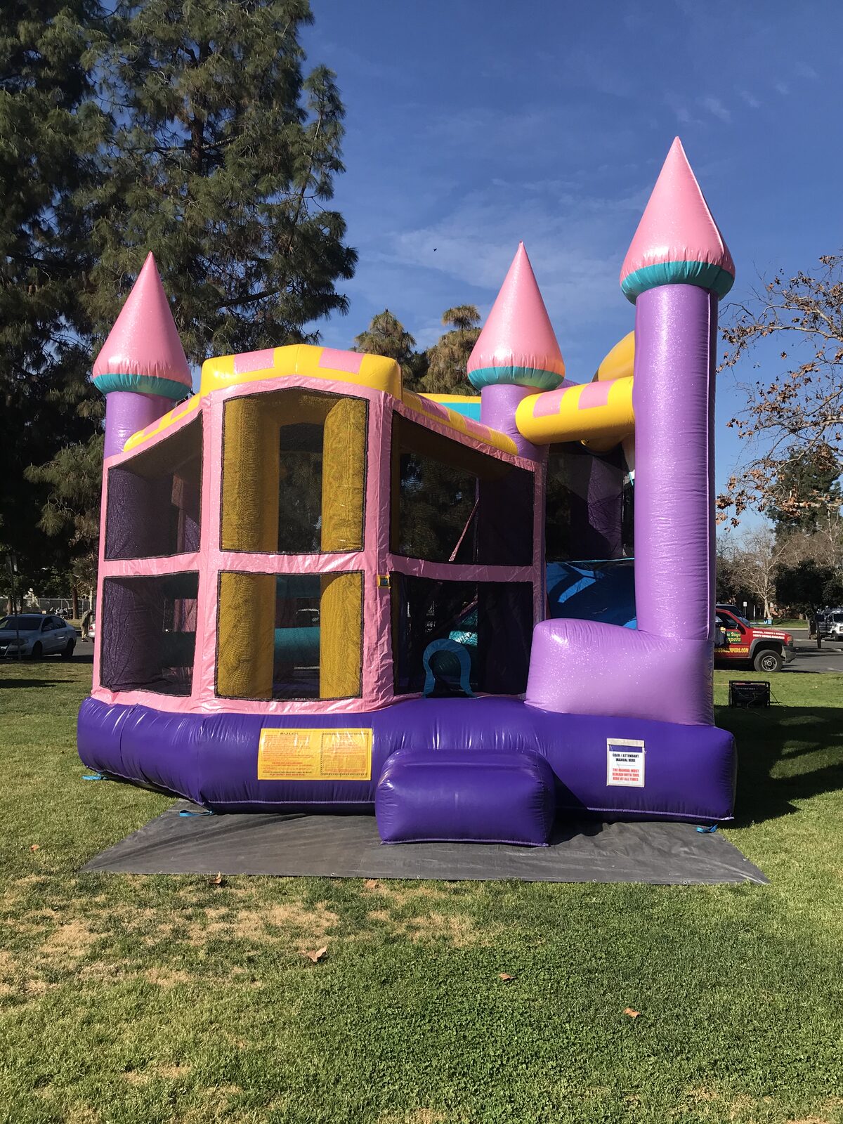 5n1 dazzling castle combo bounce house rental in San Diego, front view of the pink, purple and yellow castle with pink turrets on a tarp at a park