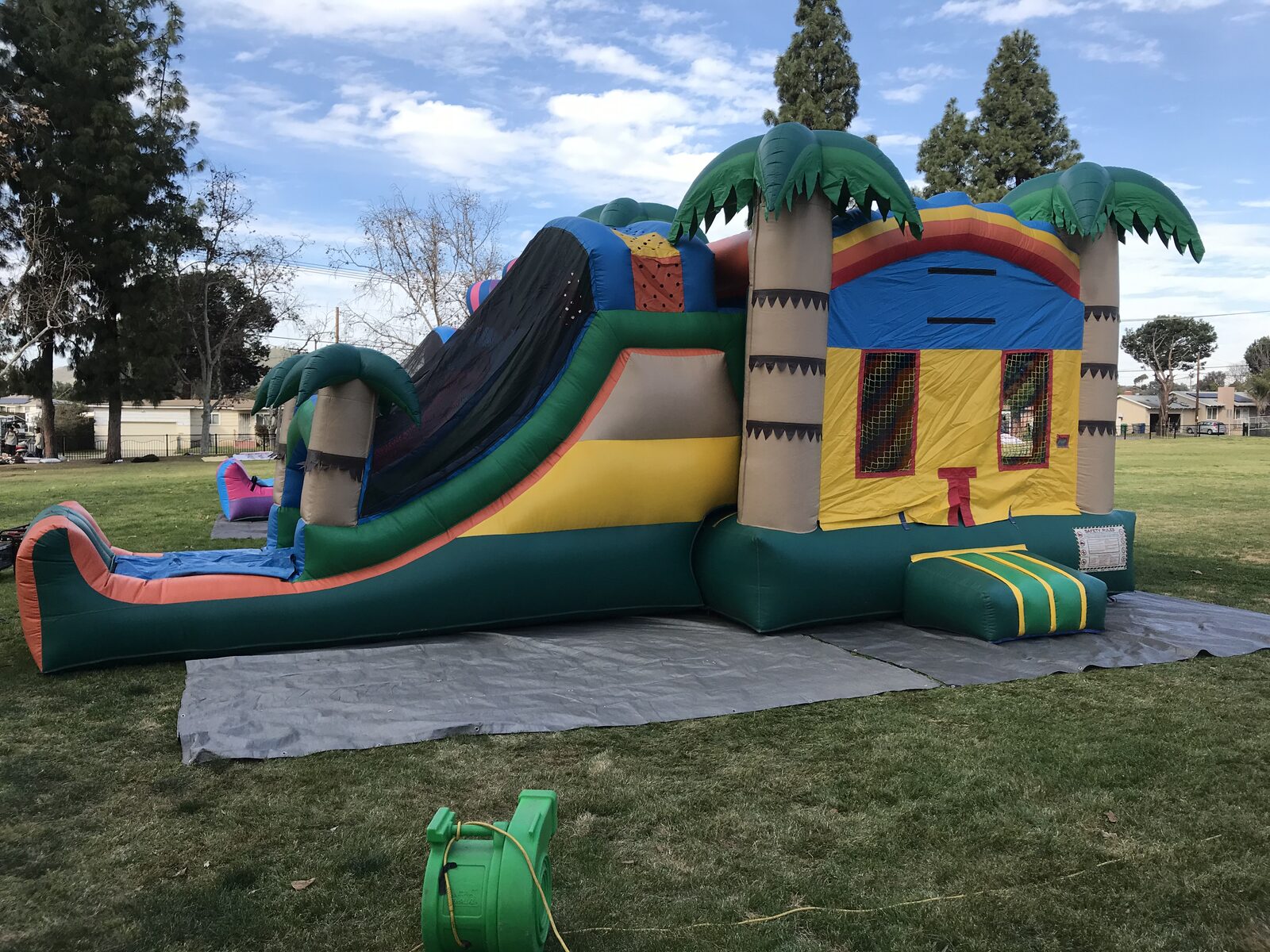 4n1 palm tree combo bounce house rental in San Diego, single slide version, front view of the tropical unit with inflatable palm tree towers