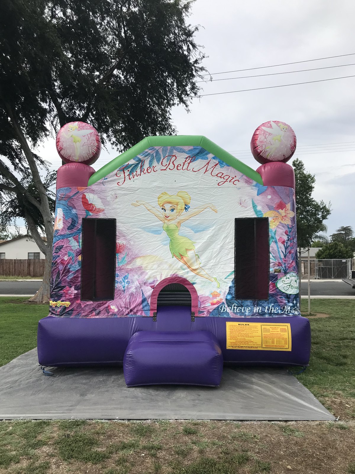13x13 Tinkerbell bounce house rental in San Diego — front view of the Tinker Bell Magic castle with pink fairy globes and green roof on a park lawn