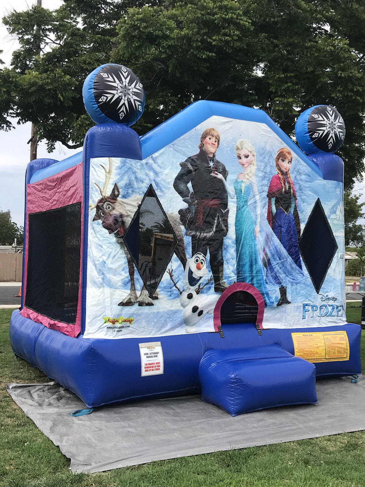 13x13 Frozen bounce house rental in San Diego — angled front view showing the entry ramp, mesh side windows, and blue base