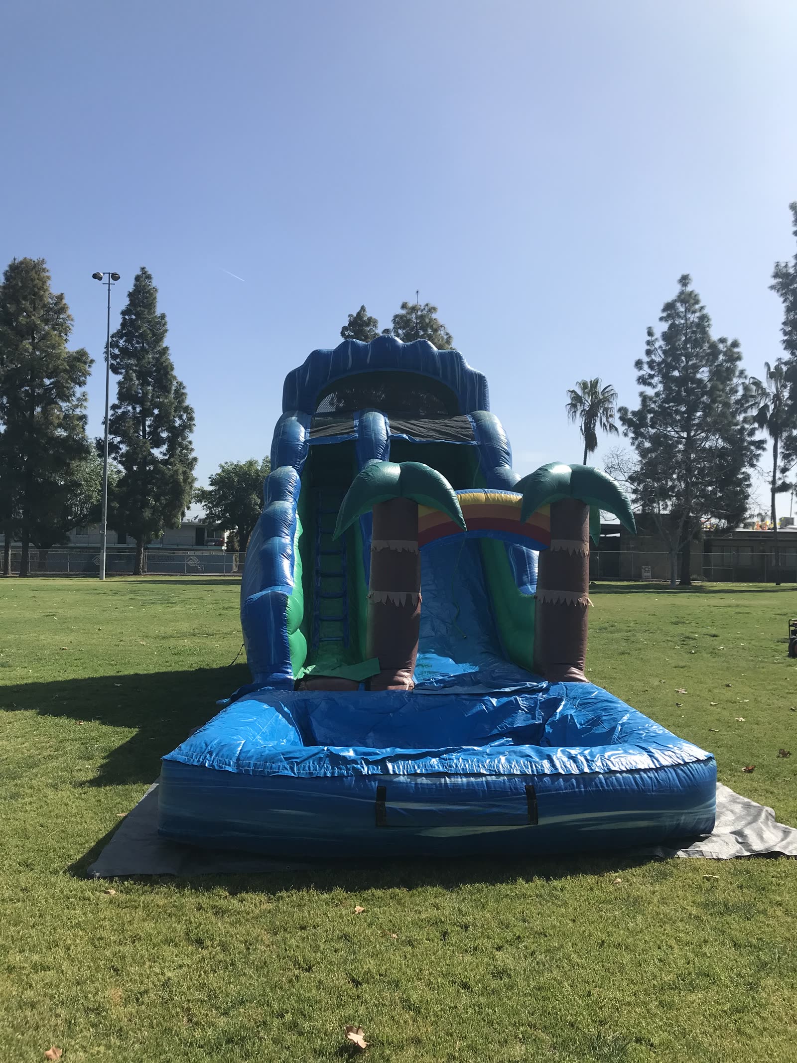 Water slide rental in San Diego, 18ft palm tree setup angled view showing the climbing lane and tropical graphics