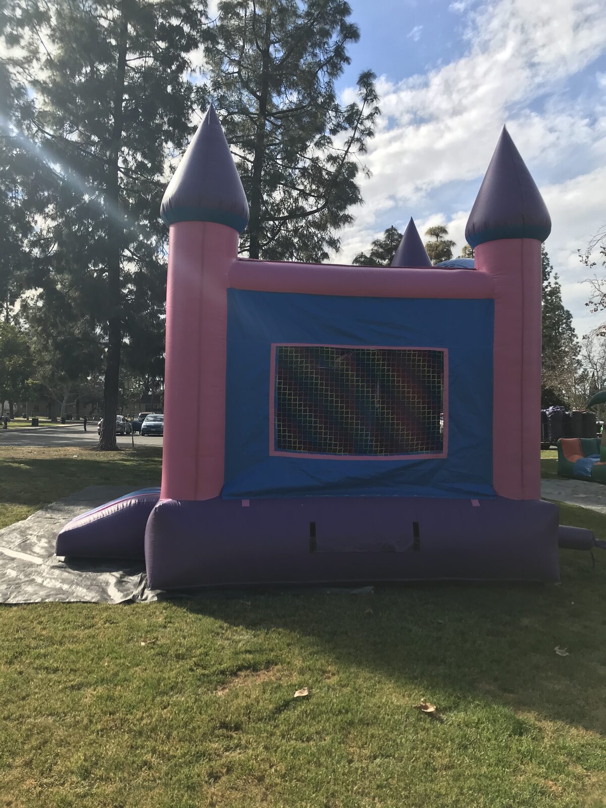 4n1 pink castle combo bounce house rental in San Diego, rear view of the blue wall with mesh window and pink corner towers