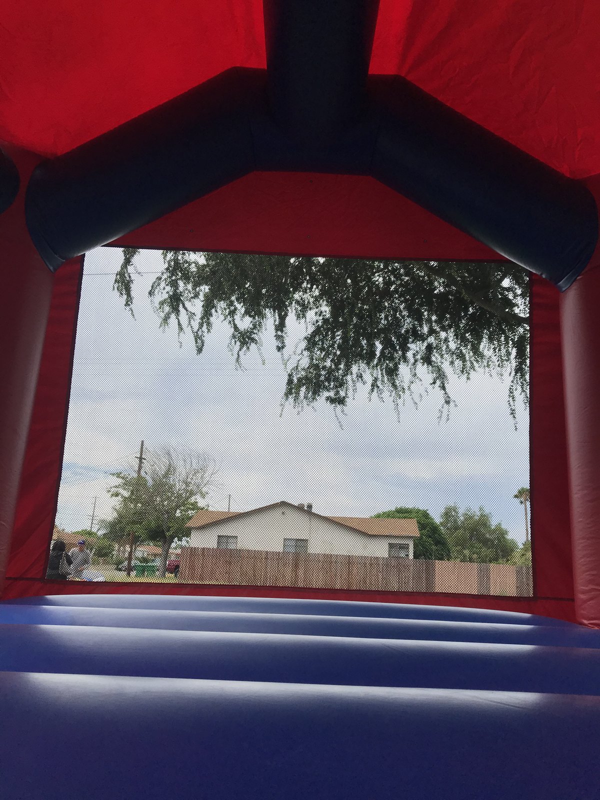 13x13 Superman bounce house rental in San Diego — inside view of the blue jumping floor looking out the large mesh window