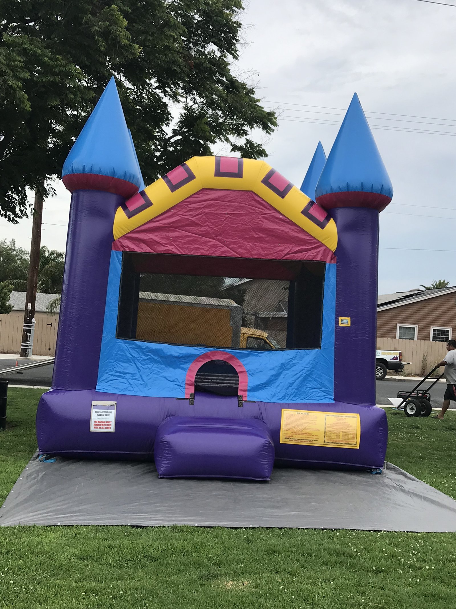 13x13 Dream Castle Model 2 bounce house rental in San Diego — straight-on front view of the purple and blue castle with pink arch and blue turret toppers