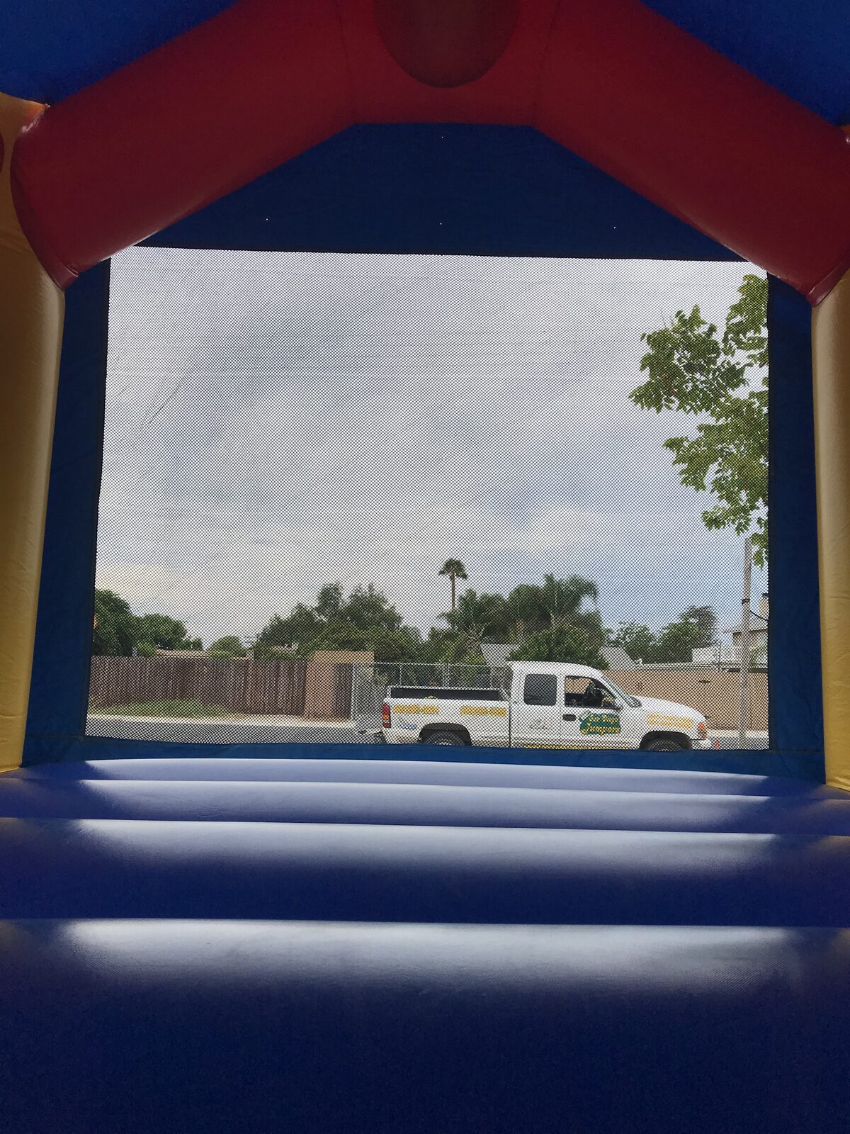 13x13 Disney's Fairies bounce house rental in San Diego — inside view of the padded blue jumping floor and mesh safety wall