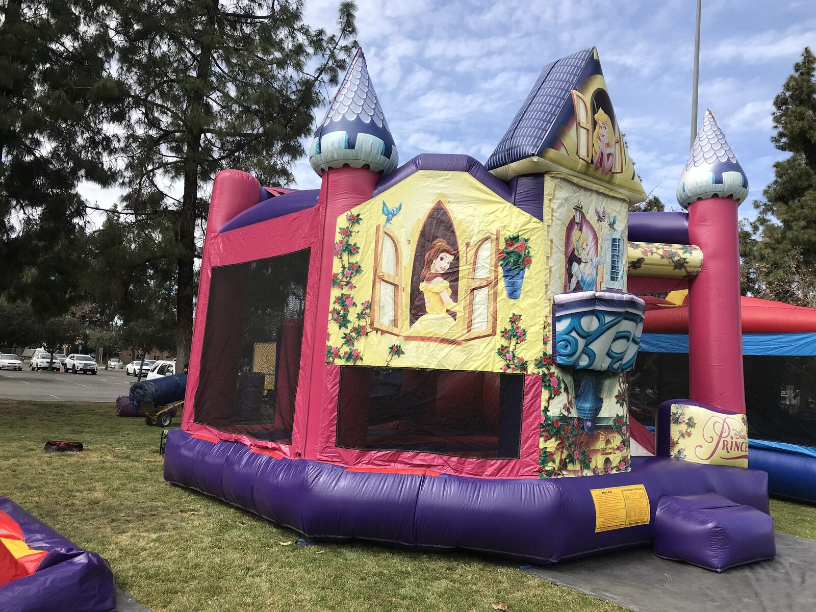 5n1 princess 3D combo bounce house rental in San Diego, three-quarter view of the unit staked on a tarp