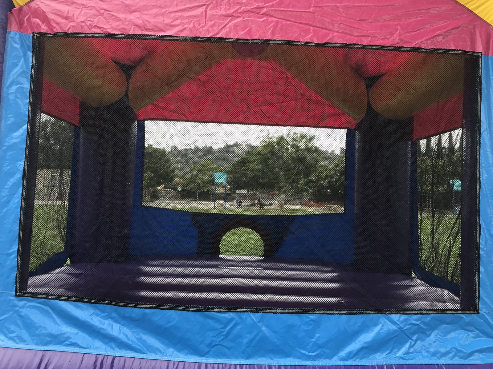 13x13 Dream Castle Model 2 bounce house rental in San Diego — view through the mesh safety netting into the purple jumping floor at a park