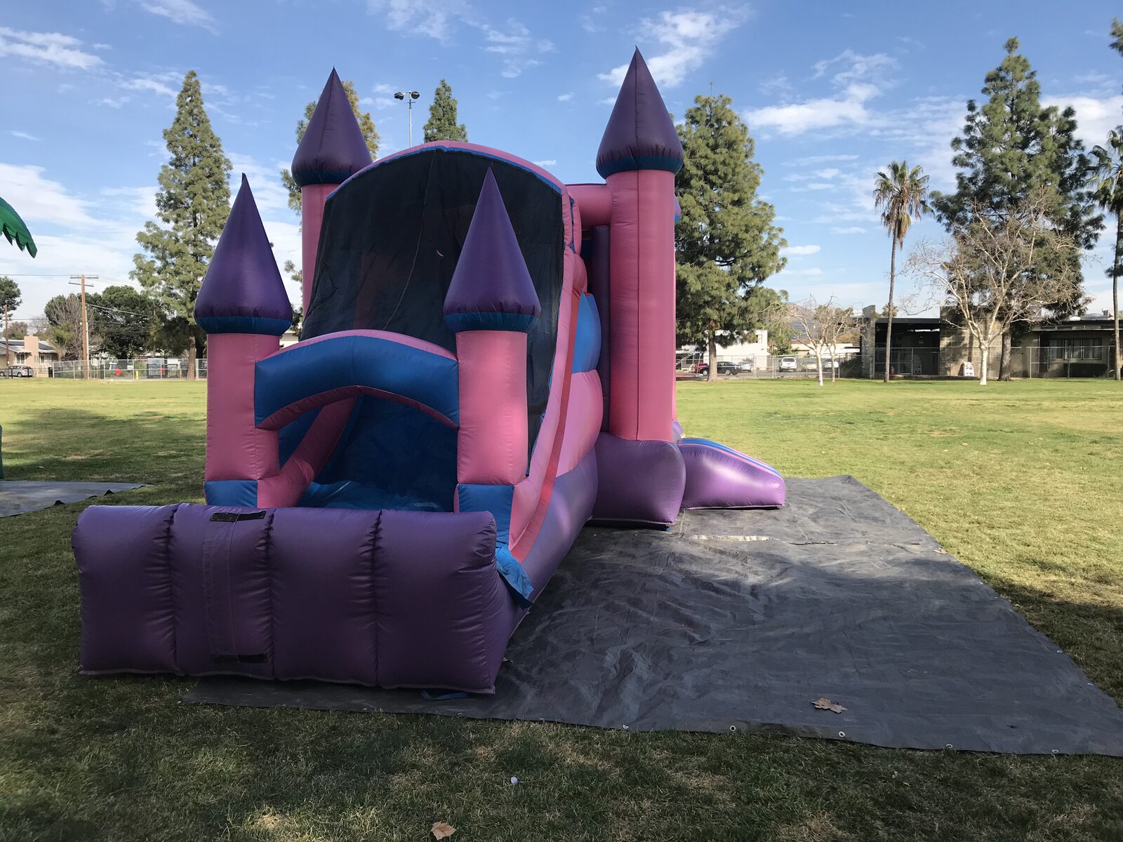 4n1 pink castle combo bounce house rental in San Diego, slide-end view of the pink and purple castle with purple turrets on a tarp over park grass