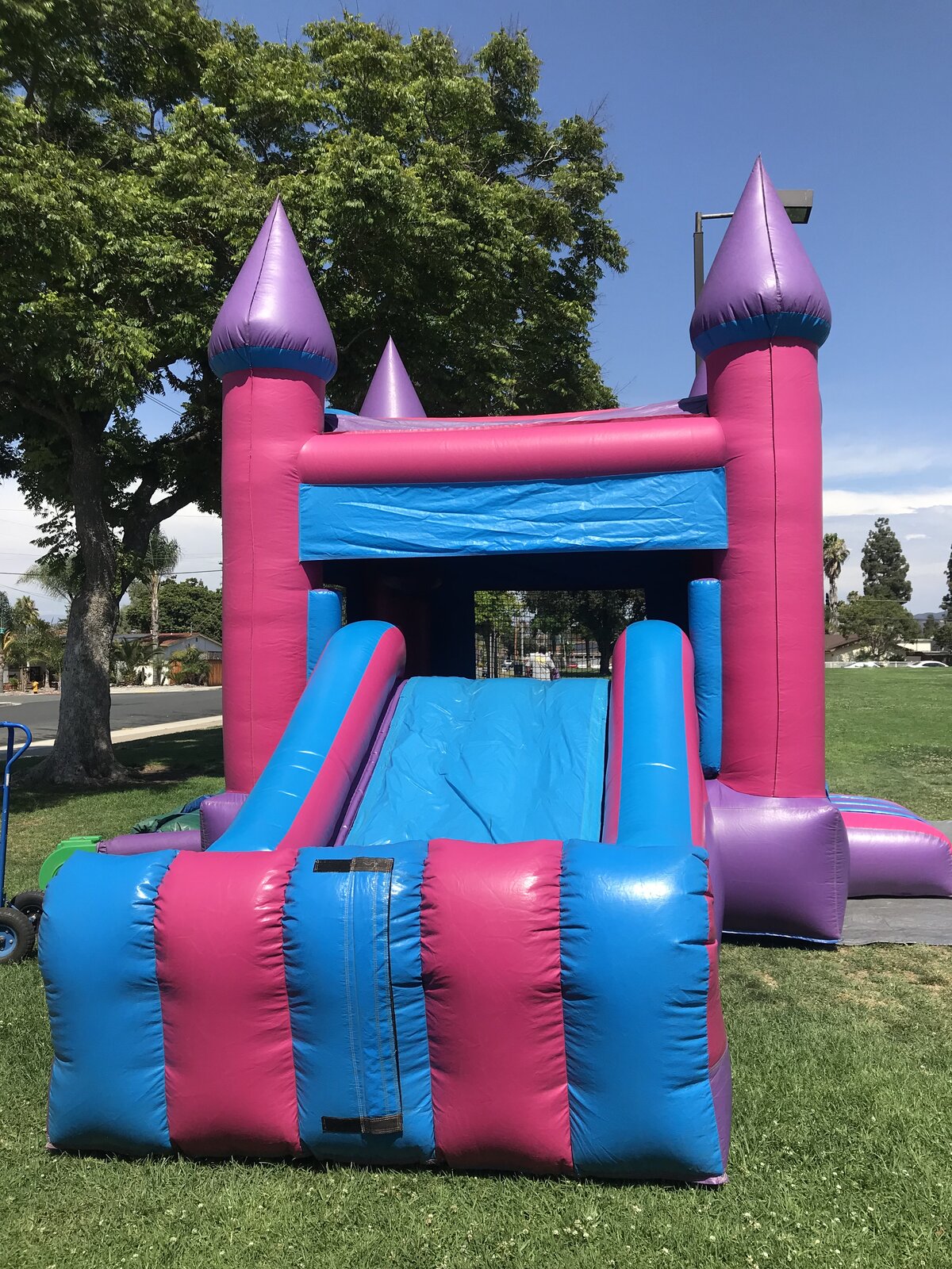 2n1 pink castle banner combo bounce house rental in San Diego, angled view showing the slide lane and mesh safety windows