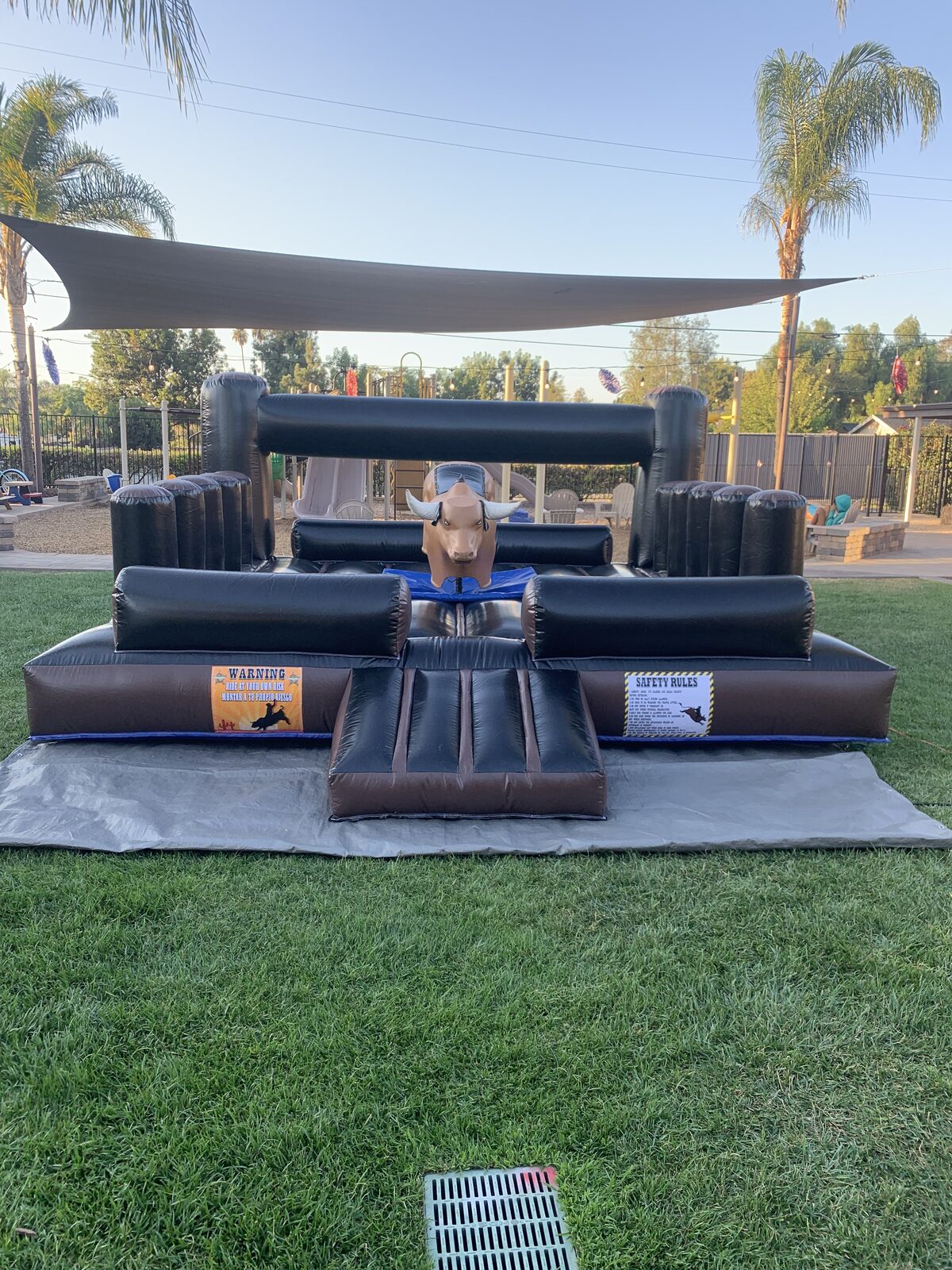 Mechanical bull rental in San Diego, 13x13 setup on backyard grass under a shade sail