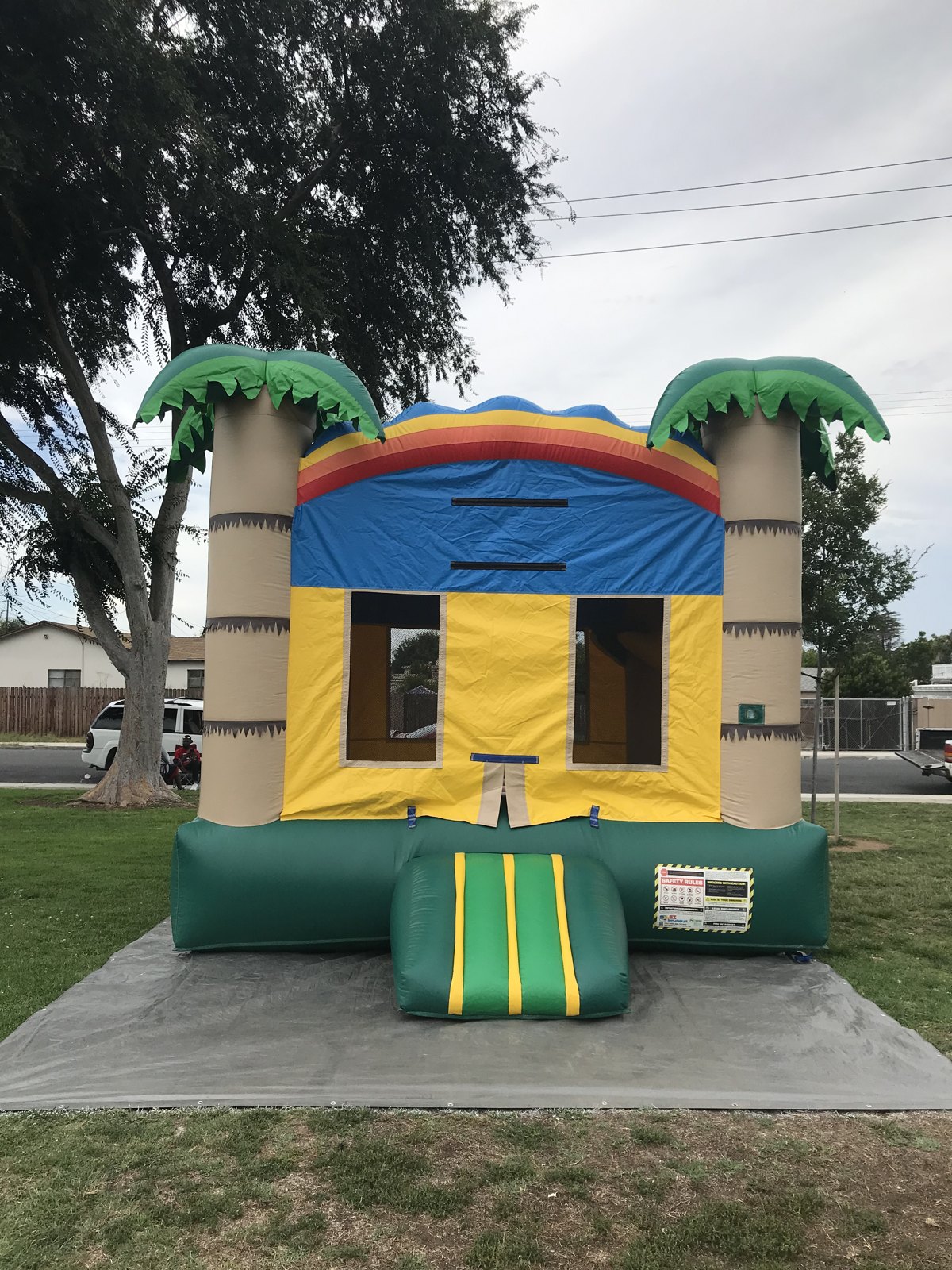 13x13 Palm Tree bounce house rental in San Diego — front view of the tropical palm tree castle with yellow walls, rainbow trim, and green base on a park lawn